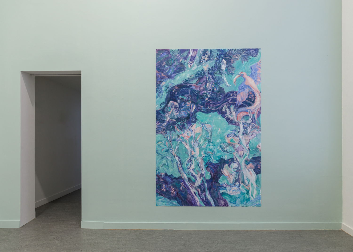 
Elias Ghekiere, TTSA Study (A Road Paved with Good Intentions), 2022. Oil paint on laminated vinyl, 150.2 x 225 cm. Installation view, Z33, Hasselt, 2022. Photo: Selma Gurbuz. Courtesy the artist.
