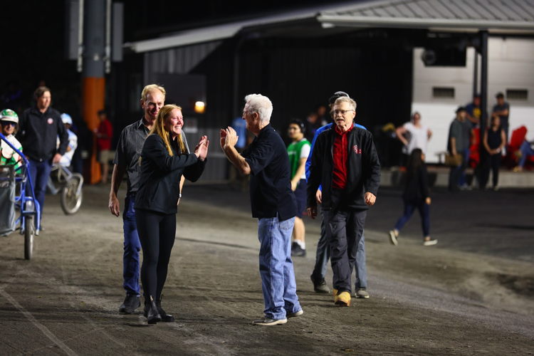 Connections of Sylvia Hanover celebrating Fan Hanover Final win on June 17, 2023 at Woodbine Mohawk Park (New Image Media)