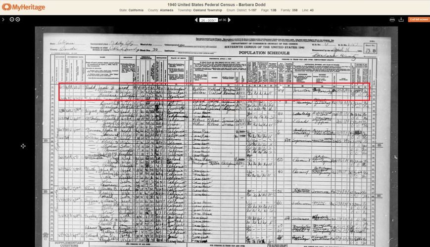 1940 Census - vermelding van Barbara (Hillerman) Dodd