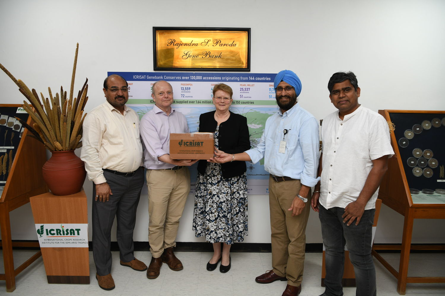 [L-R]: Dr ML Jat, Research Program Director for Resilient Farm and Food Systems; Dr Sean Mayes, Research Program Director for Accelerated Crop Improvement; Dr Jacqueline d'Arros Hughes, Director General; Dr Kuldeep Singh, Head-Genebank; and Dr Rajan Sharma, Principal Scientist I-Crop Protection and Seed Health.
