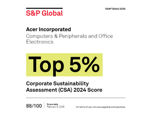 宏碁獲選S&P Global企業永續評鑑全球前5%企業