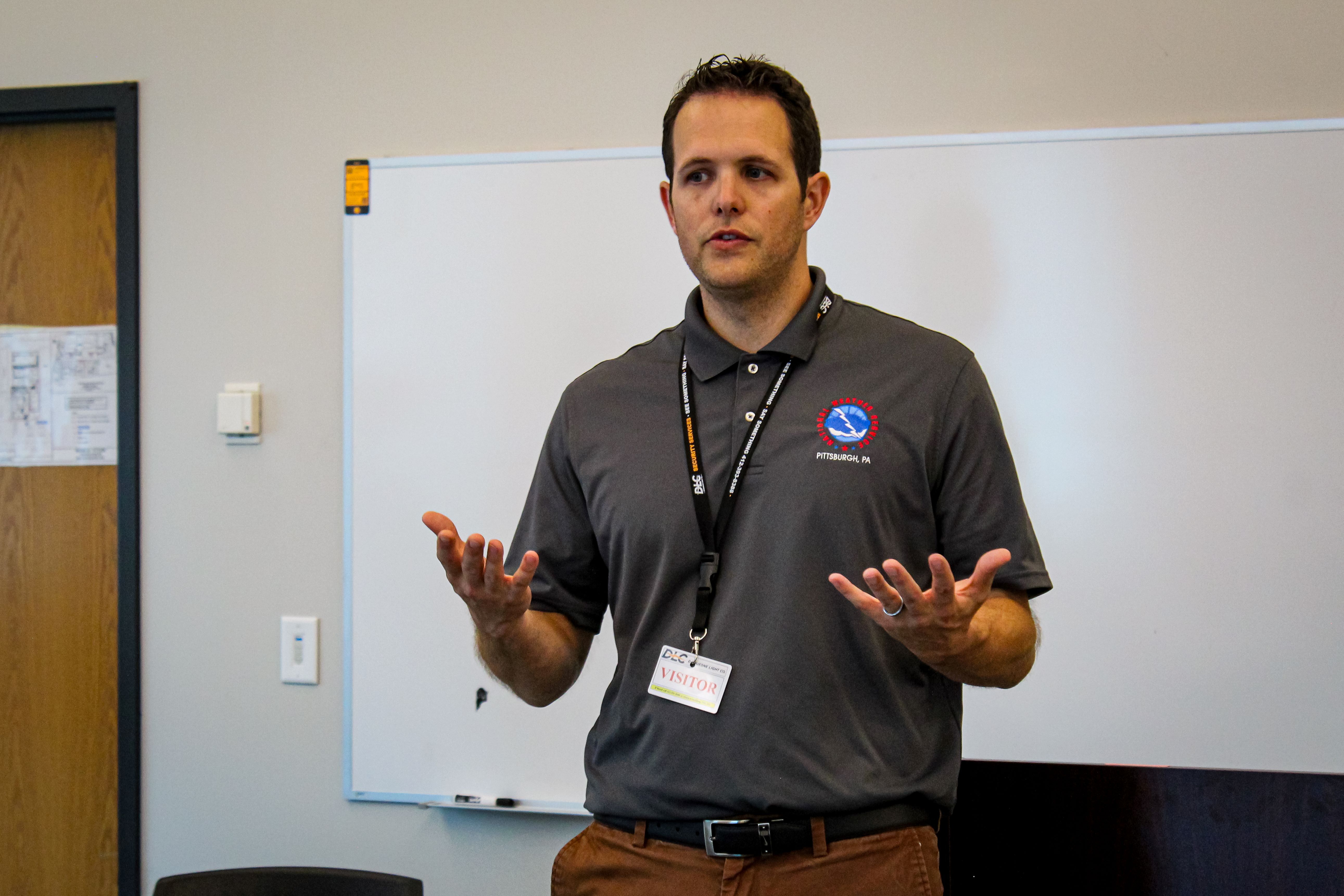Jason Fraizer, a meteorologist and NWS Pittsburgh's StormReady program manager, talks about Duquesne Light Company's preparation plan for severe weather during a ceremony on June 1. ​