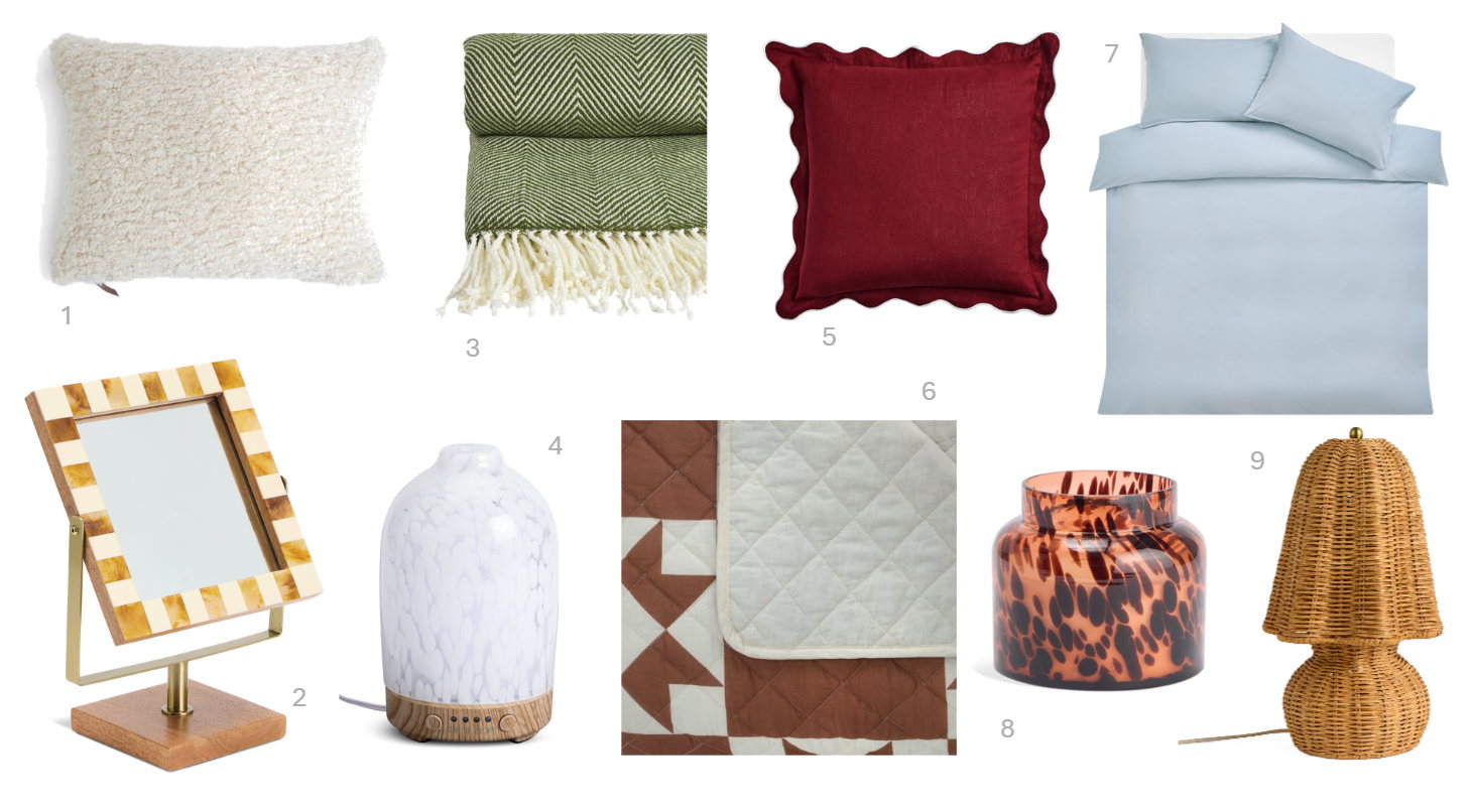 1.Habitat Faux Shearling Cushion - Oatmeal - 55x40cm, £14, 2.Habitat Chequered Mirror, £18, 3.Habitat Herringbone Throw - Moss Green - 125x150cm, £18, 4.Habitat Confetti Glass Electric Diffuser, £30, 5.Habitat Scallop Cushion - Pomegranate - 43x43cm, £12, 6.Habitat Terracotta Quilted Motif Bedspread 200x220, £50, 7.Habitat Washed Blue Duvet Set DB, £35, 8.Habitat Brown Confetti XL Candle, £15, 9.Habitat Daphne Scalloped Rattan Table Lamp, £40