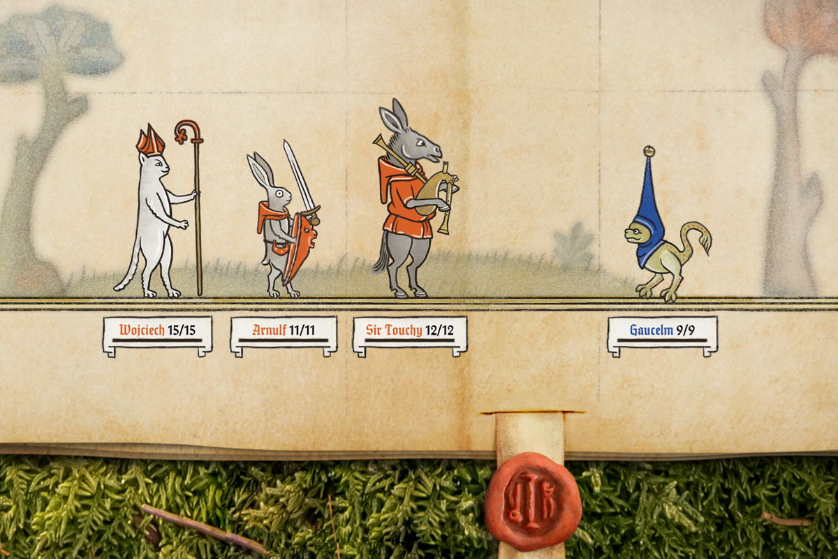 There are more than 50 units with special abilities to discover, like bishop cats, sword-wielding rabbits, bard donkeys, or … whatever that thing on the right is …