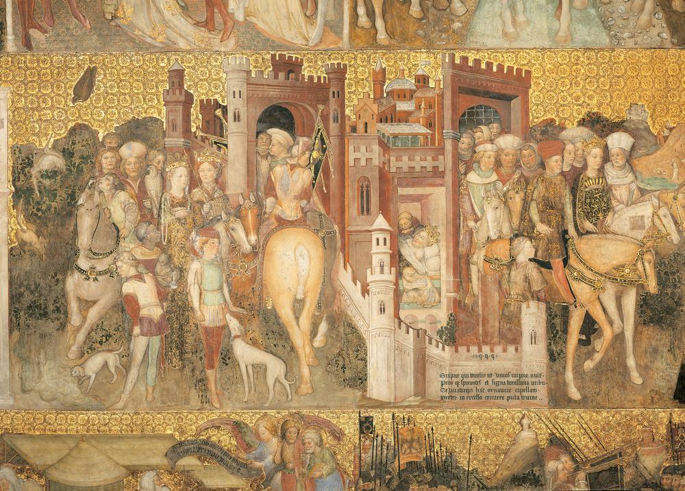 Theodelinda and Agilulf out hunting / Theodelinda’s dream / Procession of the court. Fresco, 1444, by the brothers Ambrogio, Gregorio and Francesco Zavattari. From the cycle on the life of Queen Theodelinda, 31st/32nd pict. Monza (Lombardy), Cathedral, Cappella di Teodolinda. AKG421549 © akg-images / Mondadori Portfolio / Electa Theodelinda and Agilulf out hunting / Theodelinda’s dream / Procession of the court. Fresco, 1444, by the brothers Ambrogio, Gregorio and Francesco Zavattari. From the cycle on the life of Queen Theodelinda, 31st/32nd pict. Monza (Lombardy), Cathedral, Cappella di Teodolinda. AKG421549 © akg-images / Mondadori Portfolio / Electa