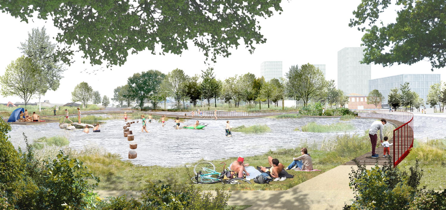 Toekomstbeeld van de  waterspeeltuin in Ringpark Lobroekdok.
©Ontwerpteam Ringpark Lobroekdok - TV Studio Paola Viganò – Grafton Architects - TV MAARCH