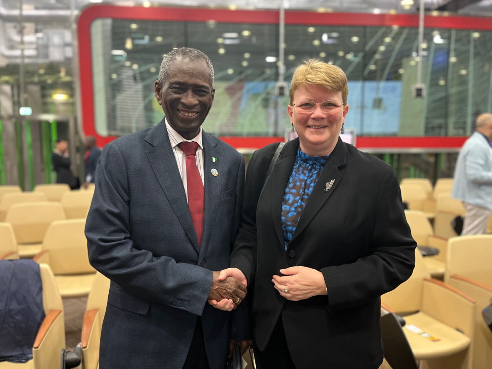 Director General of ICRISAT, Dr Jacqueline Hughes pictured with Mr Yaya Adisa Olaitan Olaniran, Minister and Permanent Representative of the Federal Republic of Nigeria to FAO.