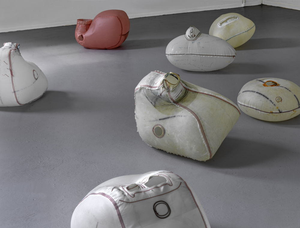 Cecilia Bjartmar Hylta, Calculation of Incoherence, 2020. Mixed-media installation of 14 airbags  each, 70 x 62 x 48 cm. Courtesy the artist. Photo: Gert Jan van Rooij 