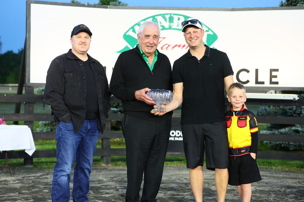 Connections of Southwind Coors celebrate winning the Goodtimes Final at Woodbine Mohawk Park on June 17, 2023 (New Image Media)