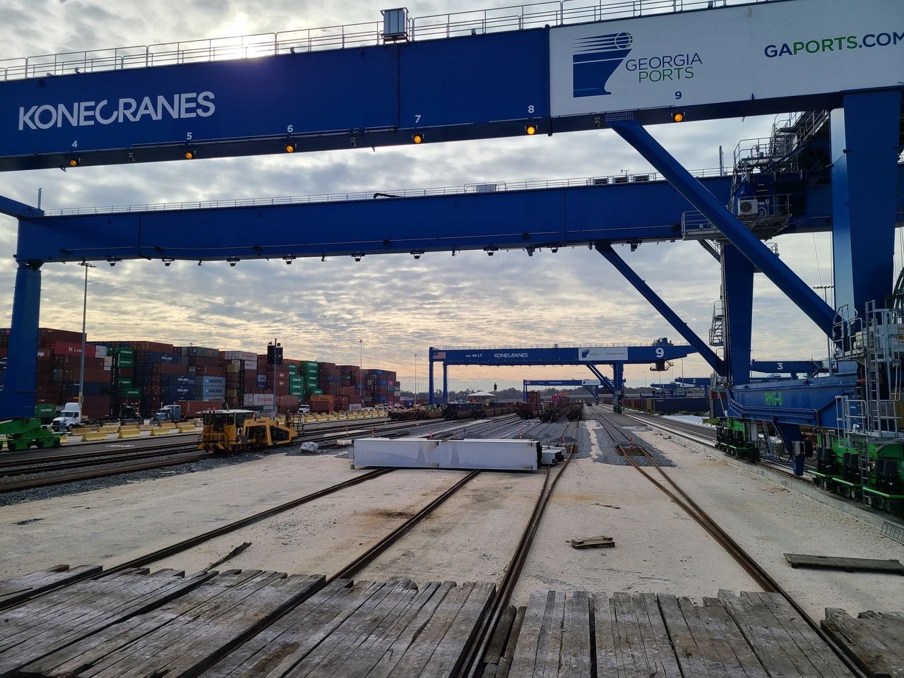 The cranes span 175 ft. over nine rail tracks.