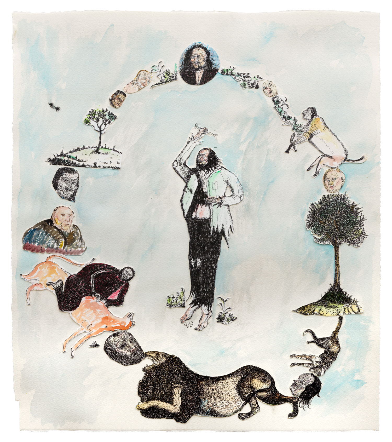 Bram Demunter, Scared Man, 2023. Watercolor, ink, coloured pencil and pencil on paper. Courtesy Tim Van Laere Gallery, Antwerp-Rome