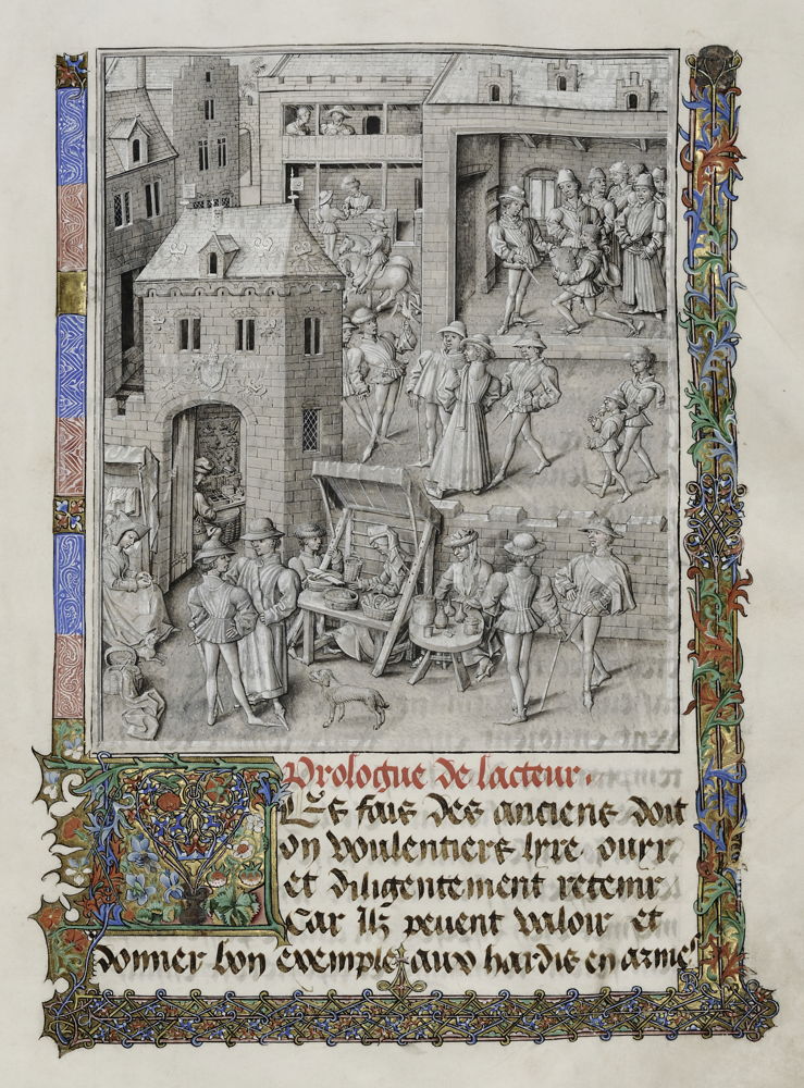 David Aubert, Conquestes et croniques de Charlemaine.
Southern Netherlands, mid 15th century.
Attributed to Jan Tavernier. Ms. 9066, fol. 11r Jean Miélot presents his work to
Philip the Good © KBR