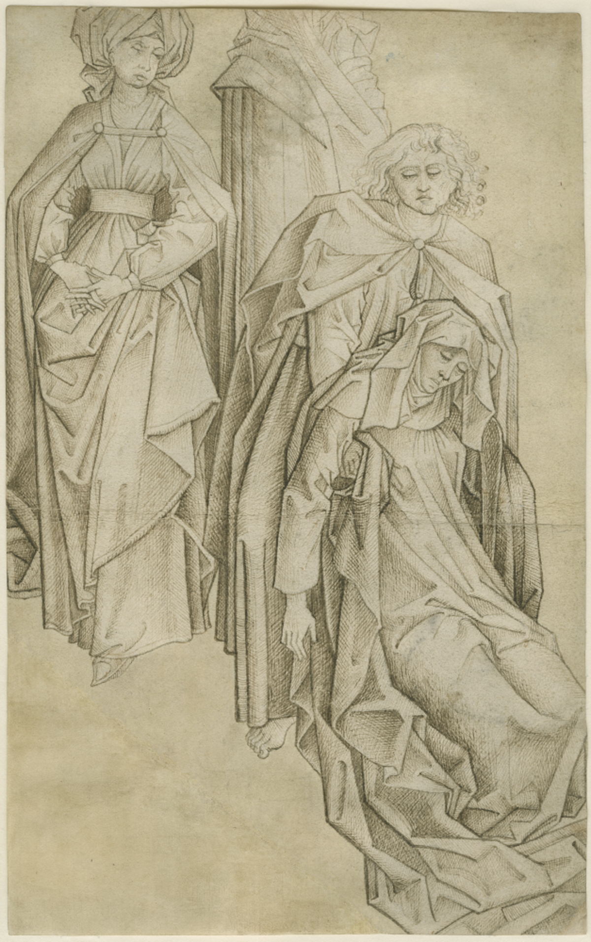 Circle of Rogier van der Weyden, 'The Swooning of the Blessed Virgin and two Marys', ca. 1458-1469, drawing, ink on paper, 332 x 208 mm, collection M Leuven, photo M Leuven