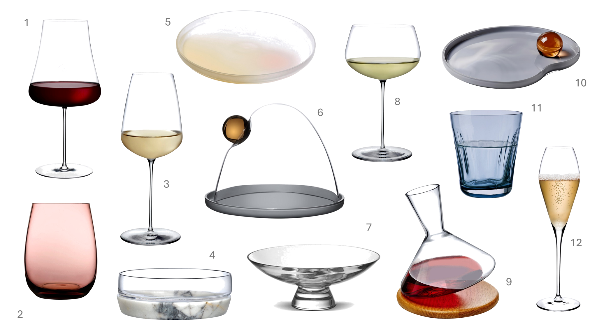 1.Stem Zero Volcano Red Wine Glass, €56, 2.Colored U Set of 4 Tumblers, €60, 3.Stem Zero Delicate White Wine Glass, €56, 4.Chill Bowl with Marble Base L, €109, 5.Pigmento Serving Dish 28 cm, €94, 6.Juno Cake Dome, €175, 7.Silhouette Bowl Medium, €44, 8.Stem Zero Full Bodied White Wine Glass, €56, 9.Balance Wine Decanter With Wooden Base, €104, 10.Juno Serving Plate, €129, 11.Lady Set of 2 Water Glasses, €47, 12.Fantasy Set of 2 Champagne Glasses, €31