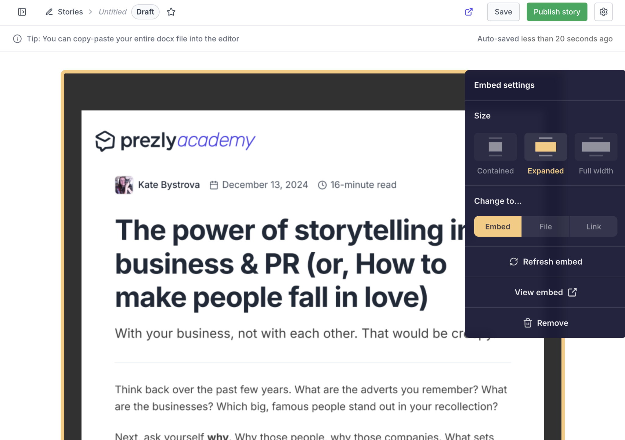 Add your PDF as usual, then click on it to bring up a menu where you can choose to display it as an embed. Add your PDF as usual, then click on it to bring up a menu where you can choose to display it as an embed.