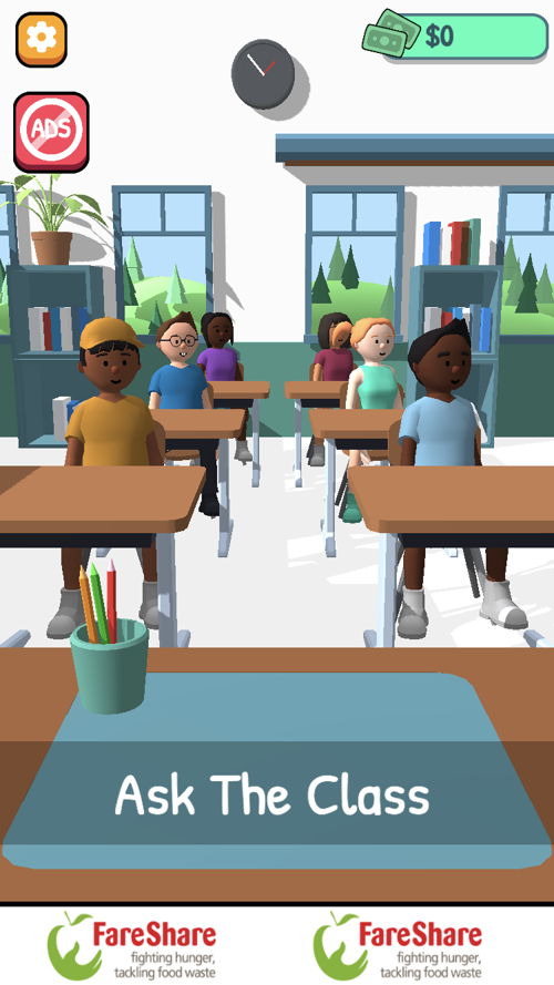 Teacher Simulator screenshot with in-game FareShare ad