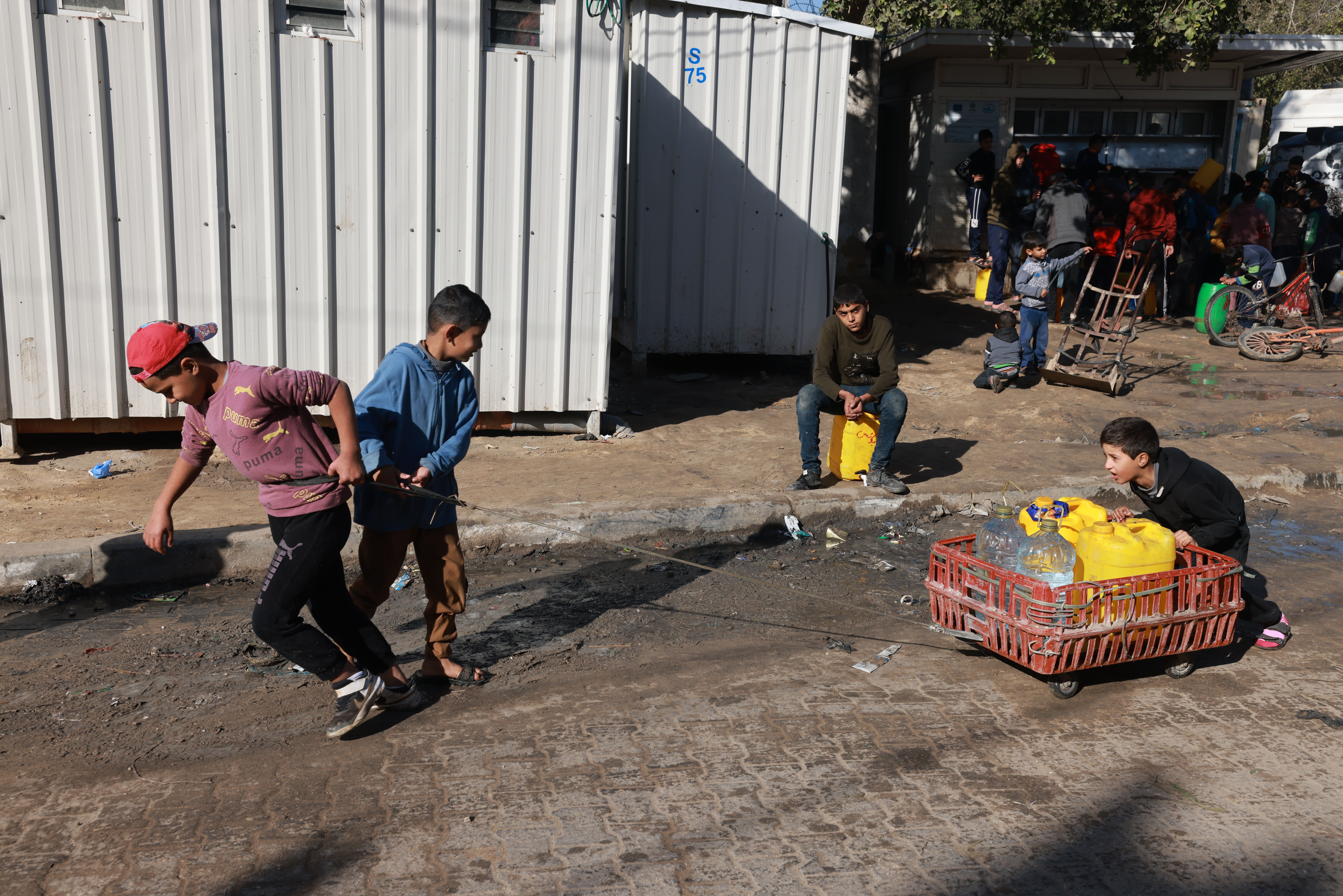 Niños desplazados acarrean botellas de agua a sus tiendas en el barrio Al-Shaboura de la ciudad de Rafah, sur de Gaza. © Mohammed Abed