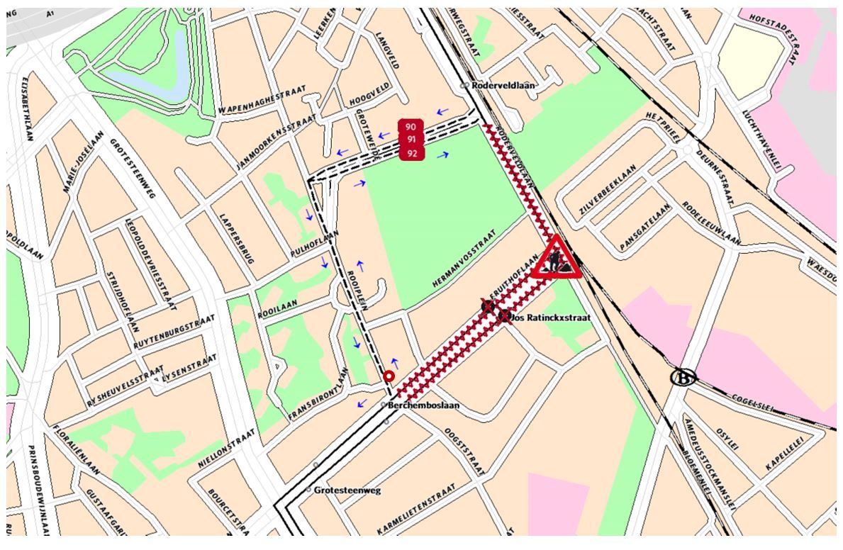 Tijdelijke halte en omleiding buslijnen 90-91-92 tijdens werken Fruithoflaan (Berchem).