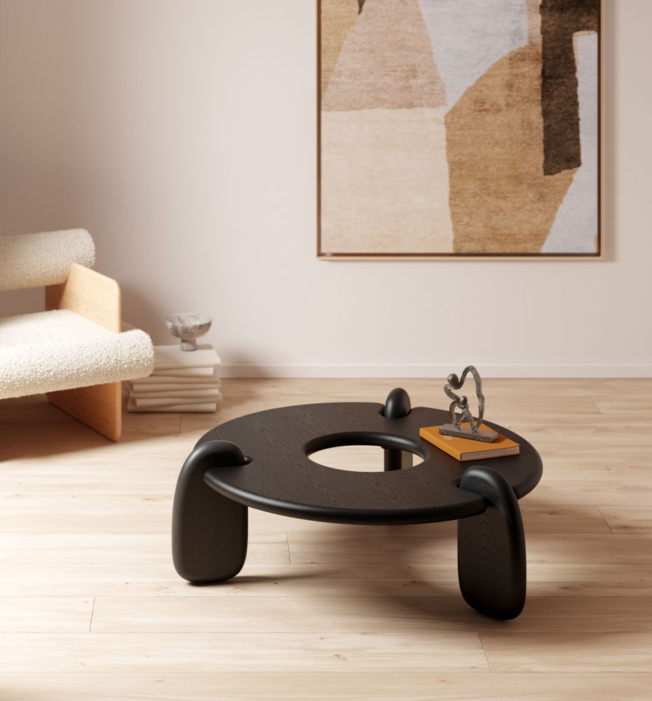 Circular Three-Legged Ebonized Ash Henge Coffee Table by Objects & Ideas, £2,560