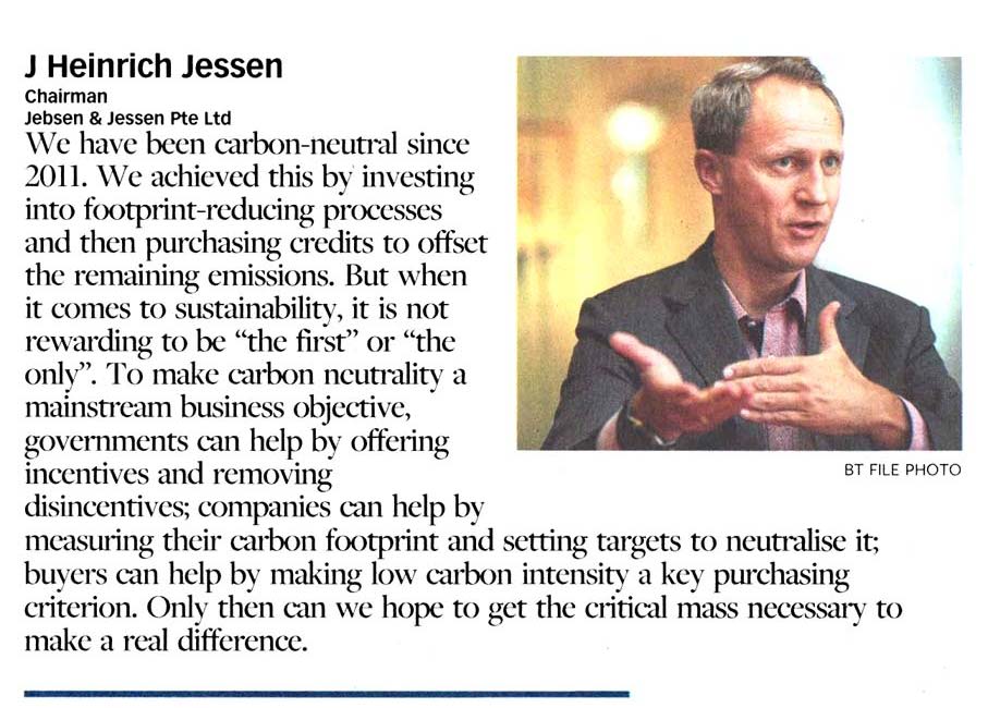 In an interview with The Business Times, Chairman J Heinrich Jessen shared how the Group reduced its carbon footprint and helps mitigate climate change.