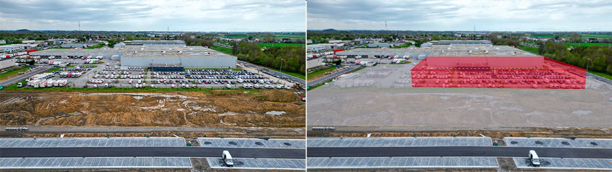 A gauche, le bâtiment actuel. A droite, l'extension future du bâtiment (en rouge) et les quais de chargement et parking camion, en gris.
