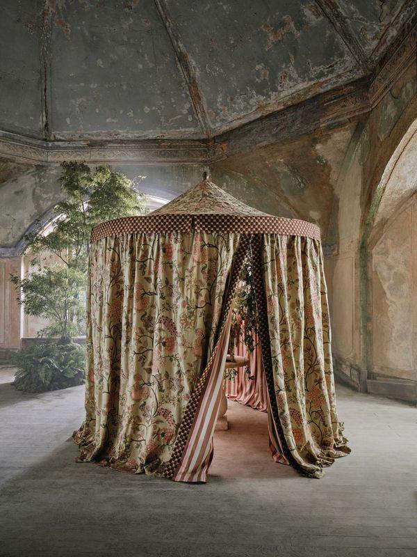 Palampore Embroidery - Lacquer; Obi Check - Brinjal; Arlo Stripe - Lacquer, Botanical Atlas (Photographer: Christopher Horwood)