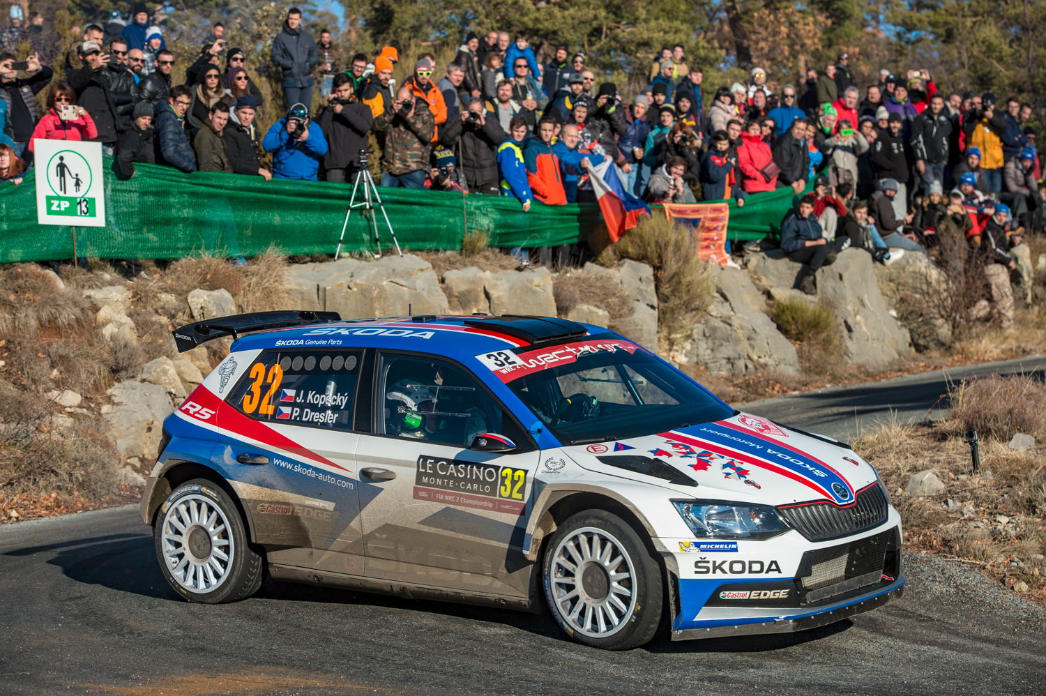 Jan Kopecký/Pavel Dresler, driving a ŠKODA FABIA R5 carrying the tricolour of the Czech flag, won WRC 2 category and RC 2 class at Rally Monte-Carlo
