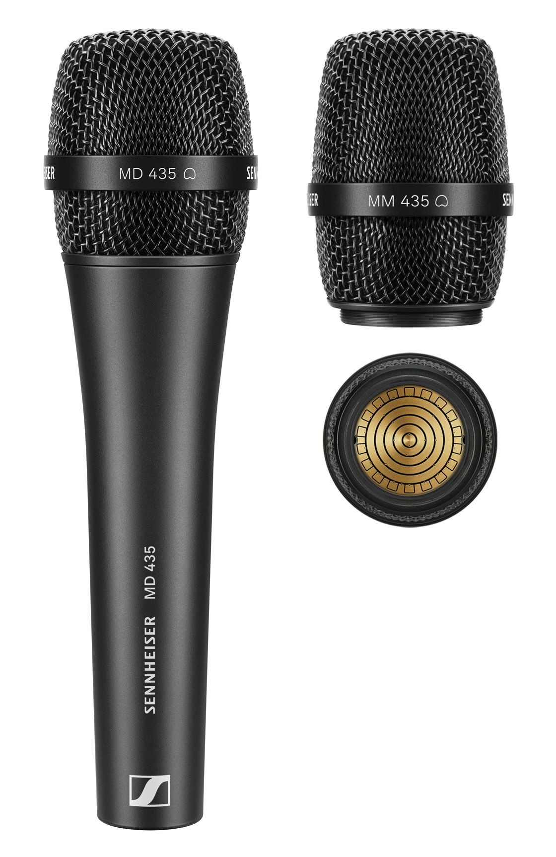 The wired MD 435 cardioid vocal microphone and the MM 435 microphone head (pictured with the capsule interface) for use with Sennheiser wireless transmitters