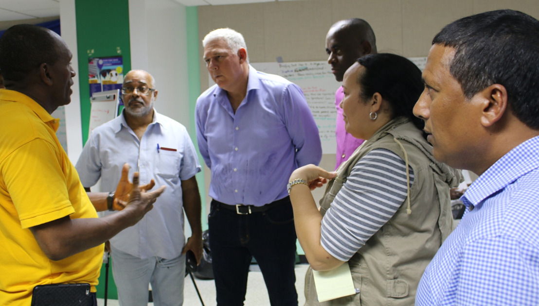 Prime Minister Chastanet, Prime Minister Skerrit and Dr. Didacus Jules meet with disaster management officials in Antigua.