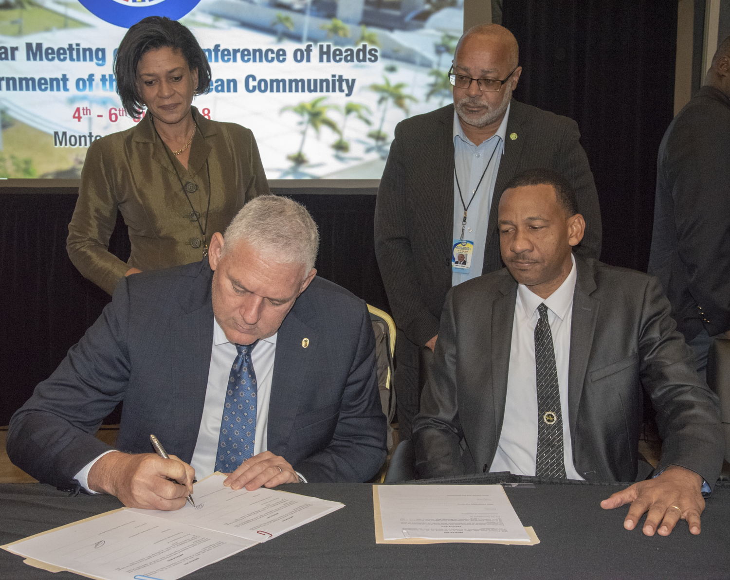 Prime Minister of Saint Lucia, Hon. Allen Chastanet and Managing Director (Ag) of ECTEL, Mr. Andrew Millett, sign Protocol Amending the Treaty Establishing the Eastern Caribbean Telecommunications Authority.