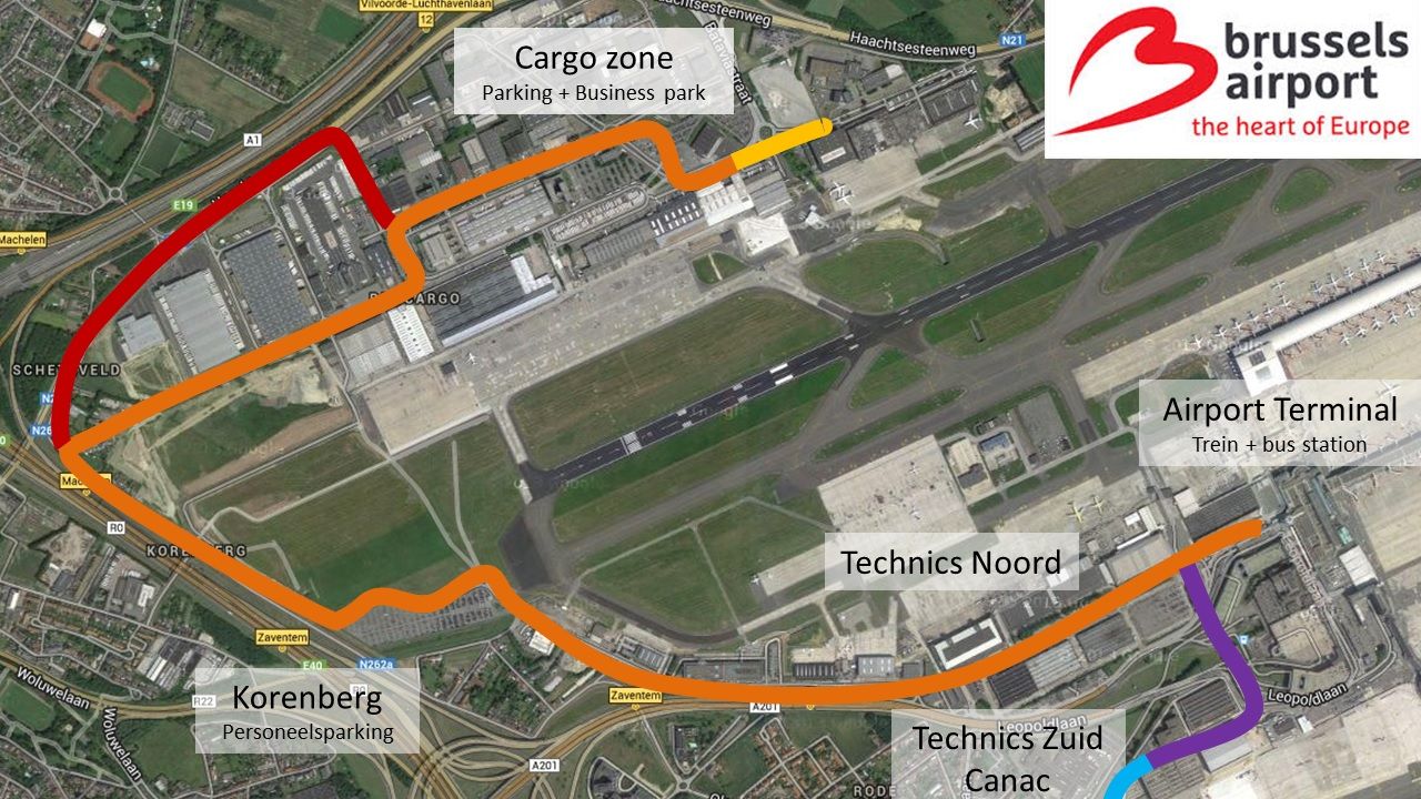 Traject proefproject zelfrijdende bus. Oranje = basistraject. Overige kleuren zijn uitbreidingen / varianten.