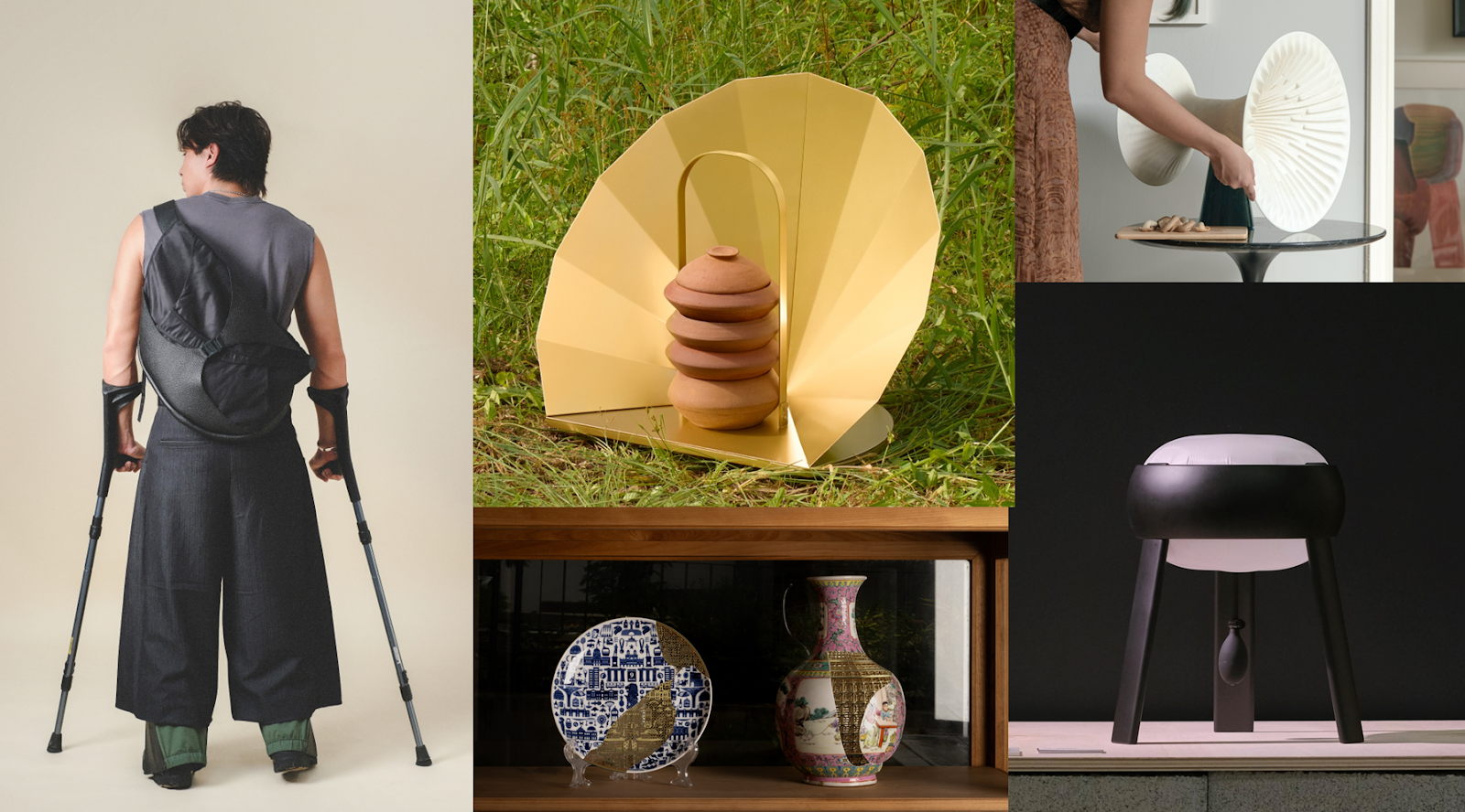 Clockwise from left: Wishbone Bag by Claudia Poh (Werable), Matahari by Olivia Lee, Celia by Kalinda Chen, (Air)ssembly by Eian Siew, and Kintsugi 2.0 by Supermama. Photos courtesy of respective designers. Clockwise from left: Wishbone Bag by Claudia Poh (Werable), Matahari by Olivia Lee, Celia by Kalinda Chen, (Air)ssembly by Eian Siew, and Kintsugi 2.0 by Supermama. Photos courtesy of respective designers.