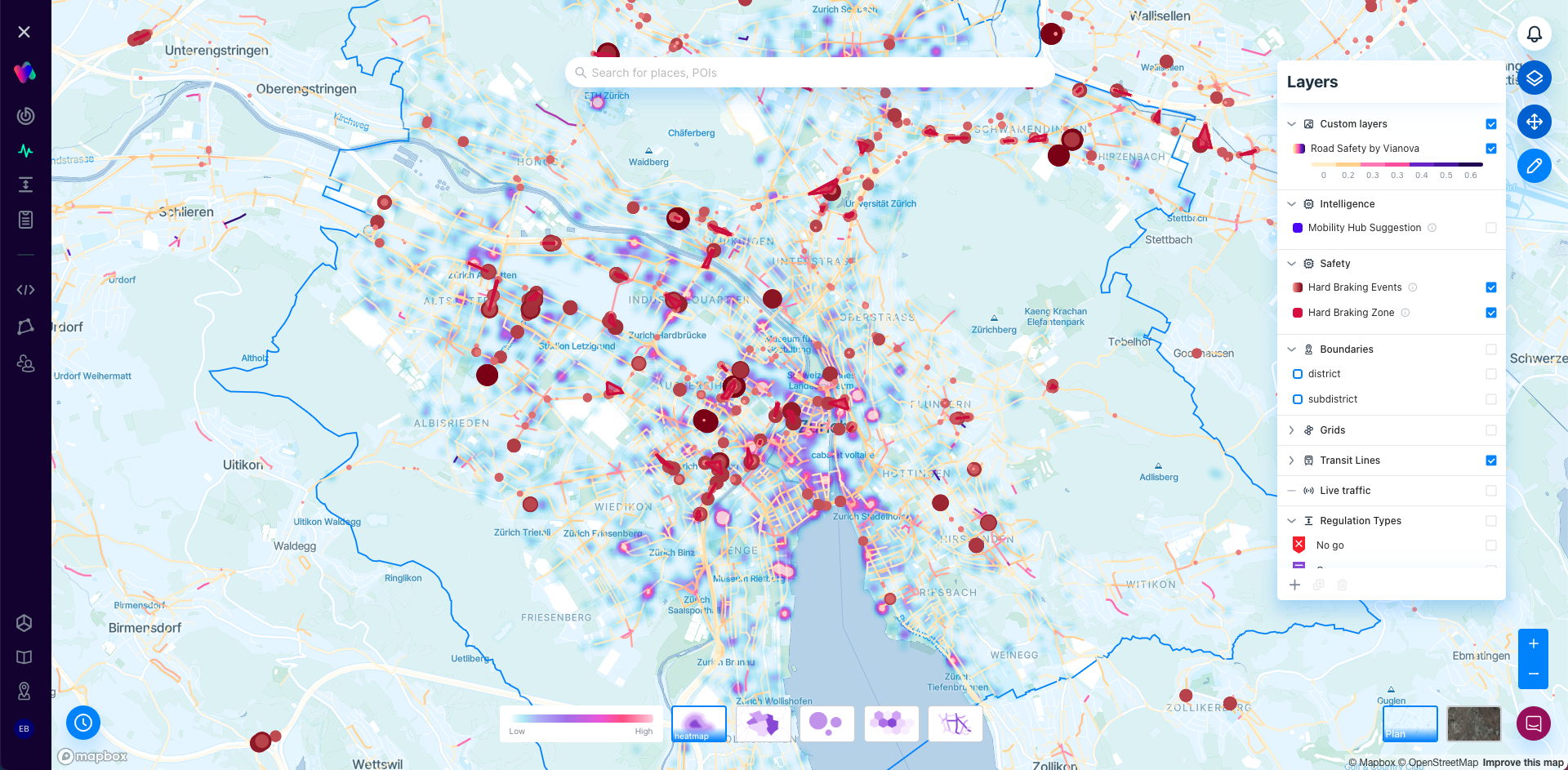 Hard braking events and zones in Zurich on the Vianova platform