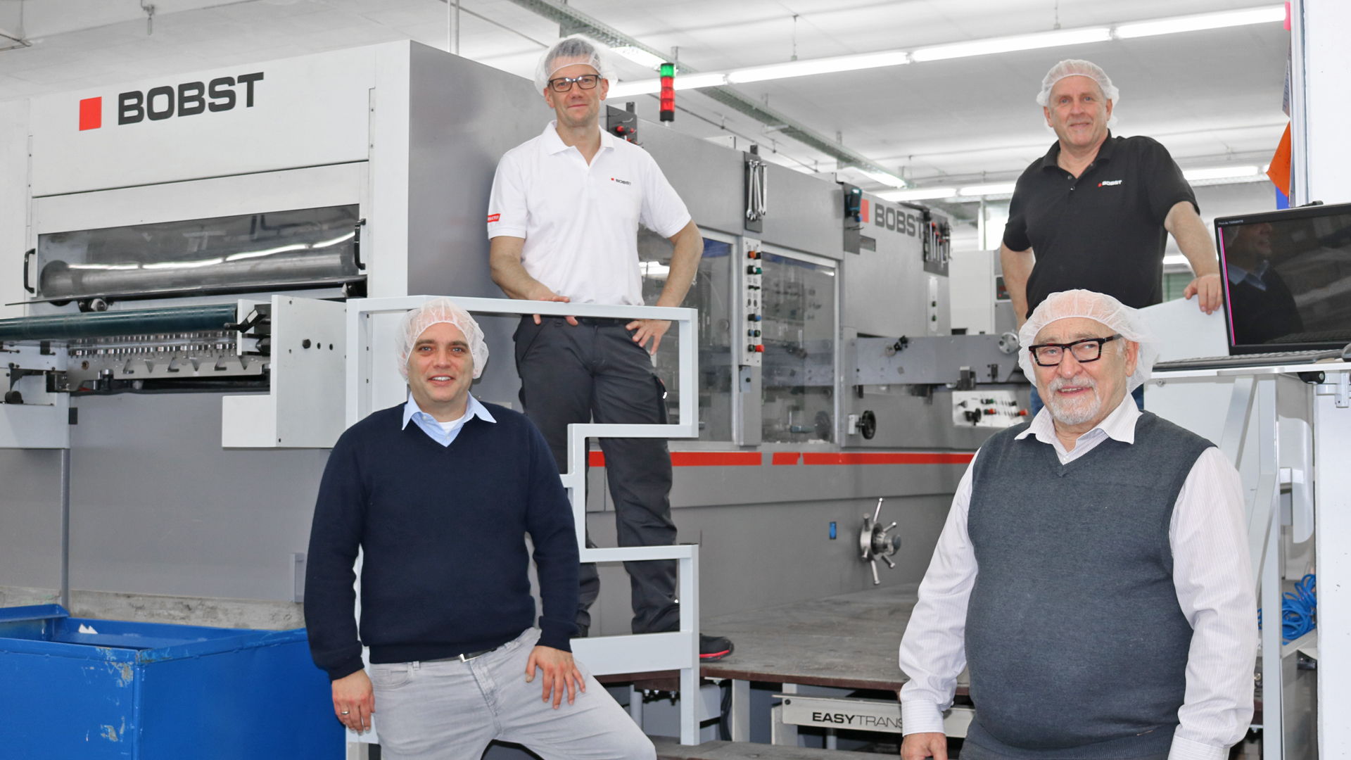 The team that jointly planned and implemented process optimization at Spiegel Verpackungen:Senior Director Martin Spiegel (below right), Managing Director Michael Spiegel (below left), Manfred Wöhning, responsible for process optimization, training and the Competence Center at Bobst Meerbusch (top right), and Thomas Neumeister, Process Specialist at Bobst Meerbusch (top left).