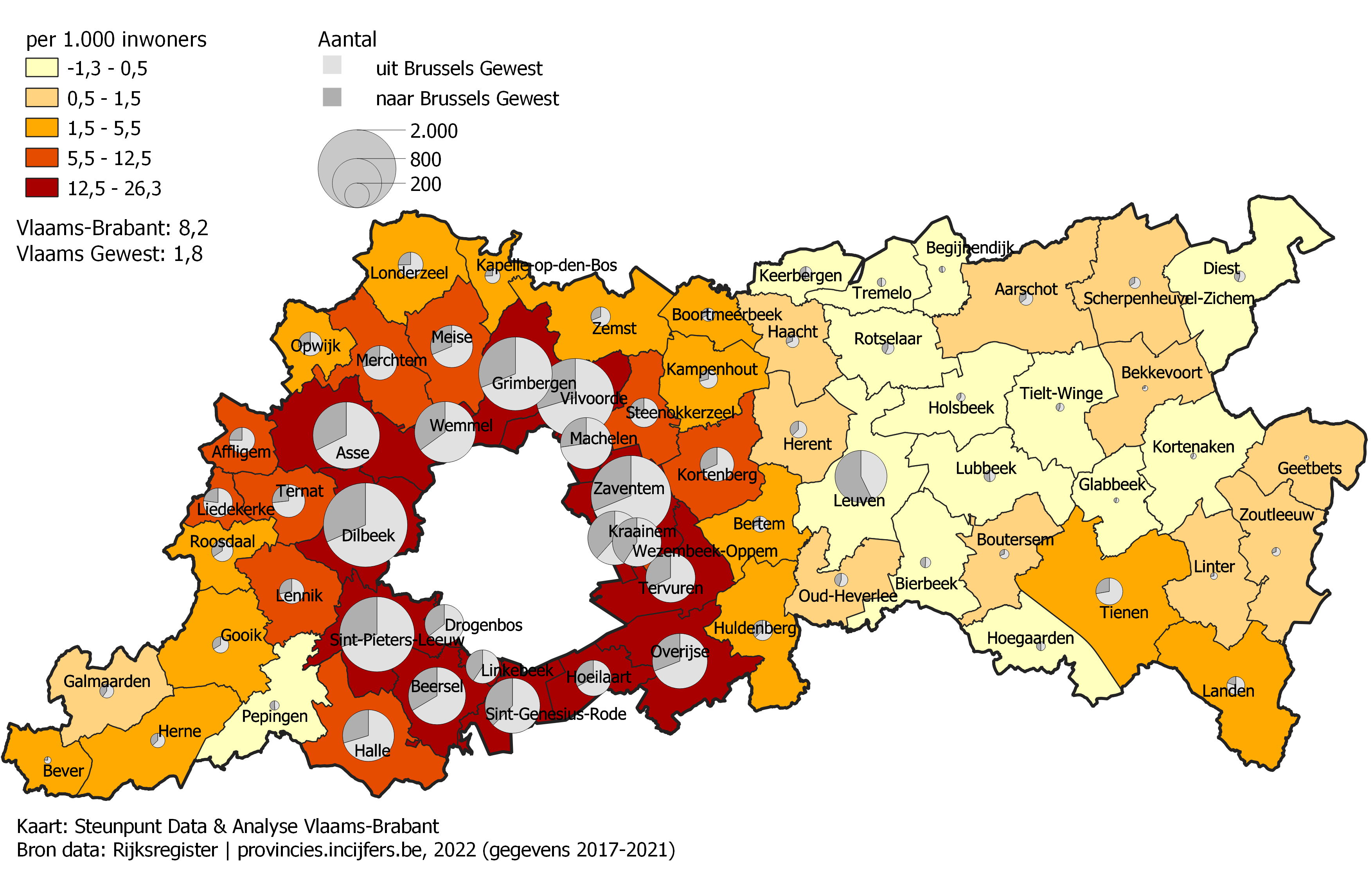 Kaart van de jaarlijkse aangroei uit het Brussels Hoofdstedelijk Gewest
