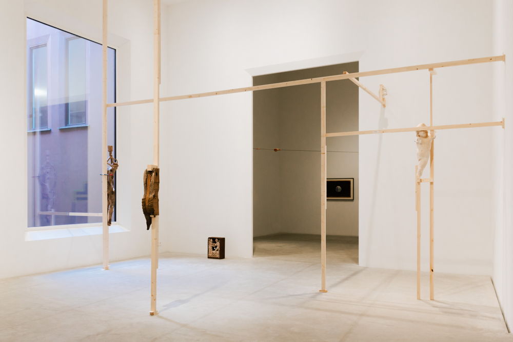 Installation view of Leaps of Faith at Z33, Hasselt. From left to right: Danh Vo, untitled and meat cables, 2021. Courtesy of the artist and Xavier Hufkens, Brussels. Photo: Selma Gurbuz.