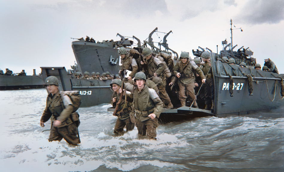 AKG7890772 US troops disembarking from a US Coast Guard landing craft. Allied landings in Normandy after “D-Day” (day on which the Allied landings commenced under General Montgomery on 6 June 1944). Photo digitally coloured. © akg-images AKG7890772 US troops disembarking from a US Coast Guard landing craft. Allied landings in Normandy after “D-Day” (day on which the Allied landings commenced under General Montgomery on 6 June 1944). Photo digitally coloured. © akg-images