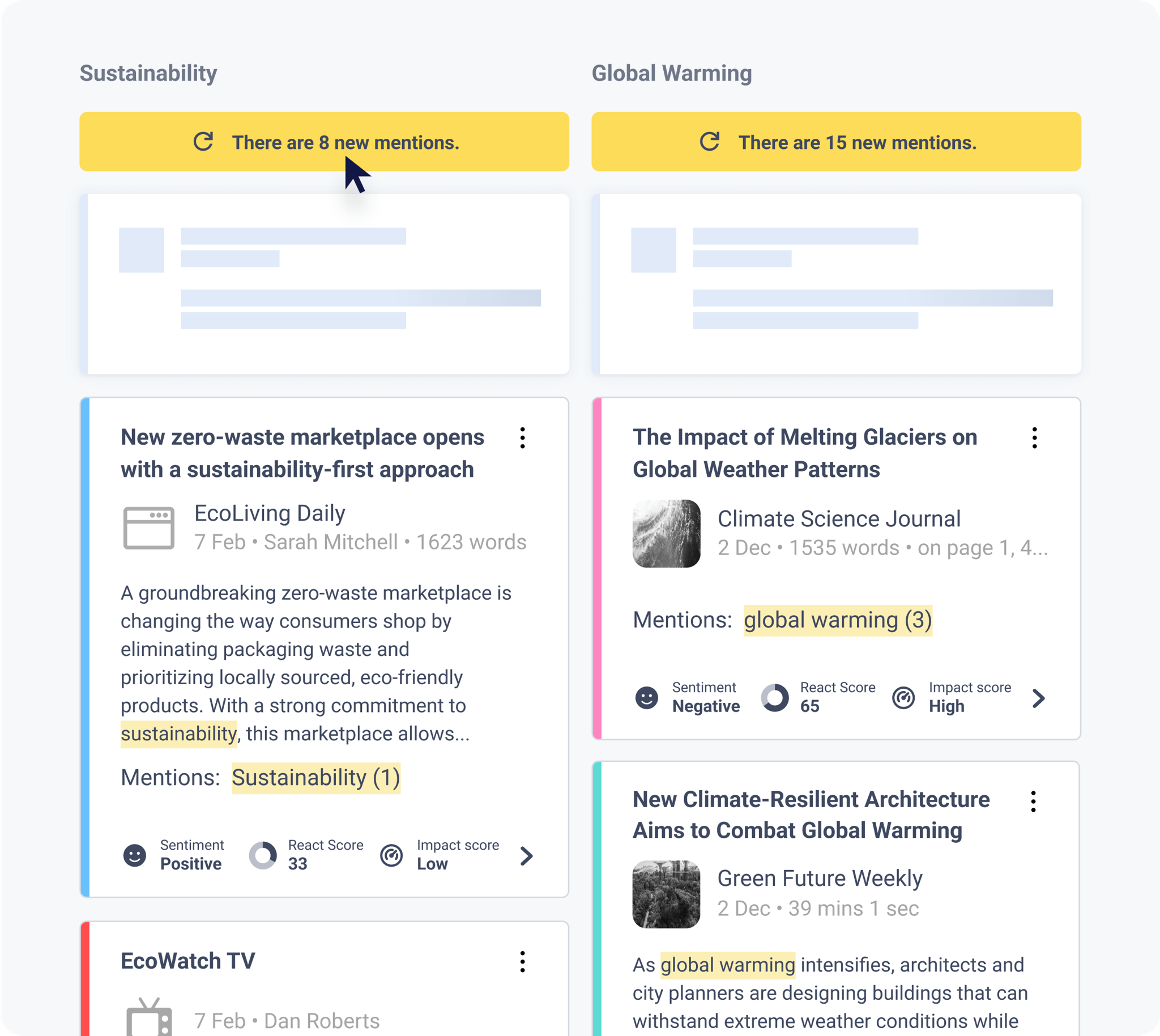 CisionOne illustrative mention streams with topic cards, new-mention counts and sentiment indicators