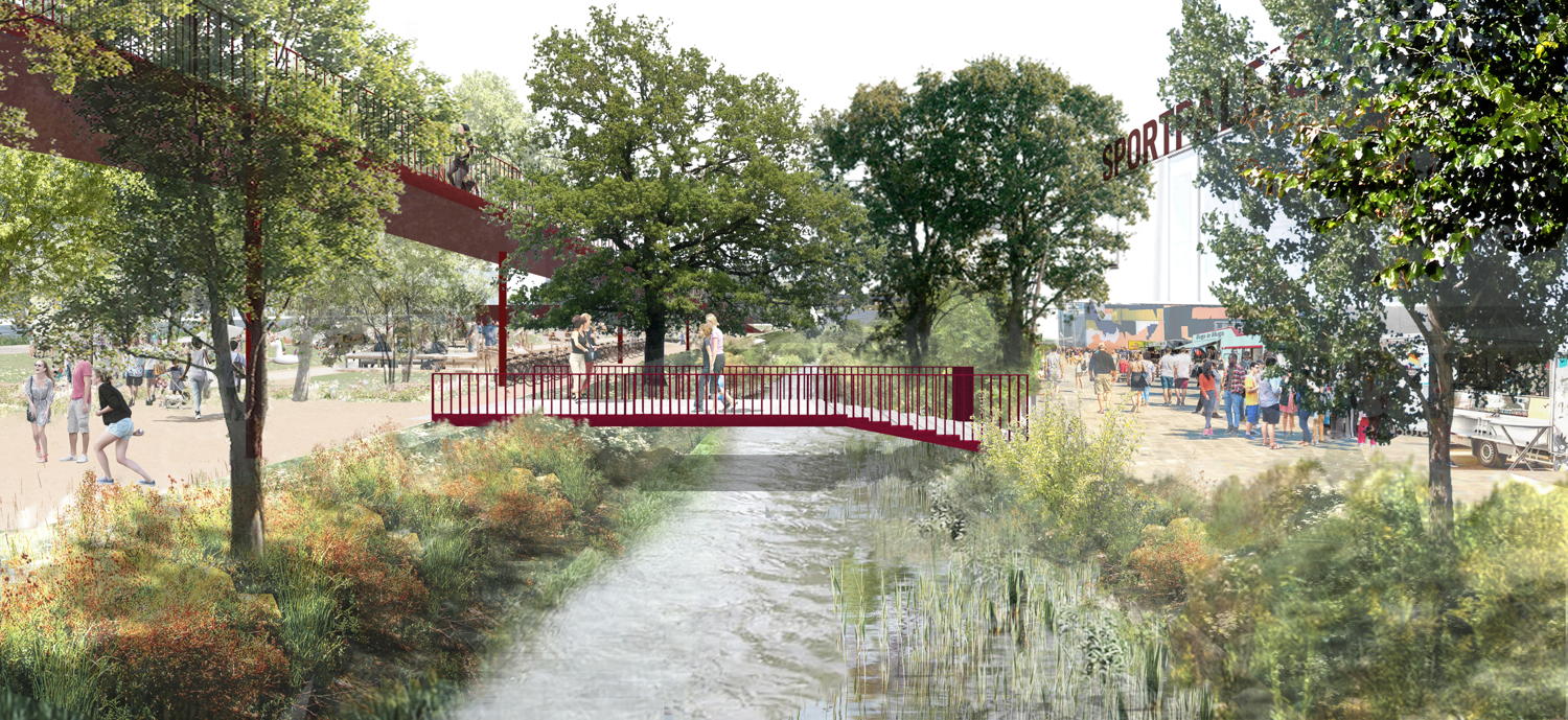 Ook de rivier Het Schijn, die nu onder de grond loopt, wordt terug zichtbaar in het nieuwe Ringpark Lobroekdok.
©Ontwerpteam Ringpark Lobroekdok - TV Studio Paola Viganò – Grafton Architects - TV MAARCH