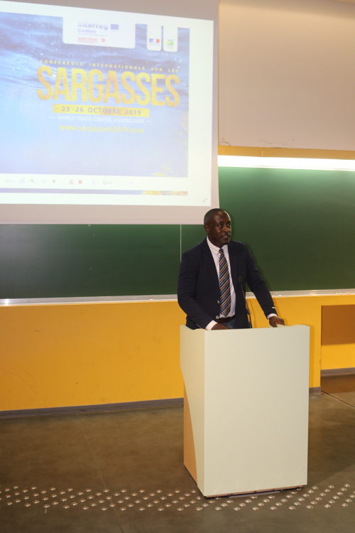 Opening Ceremony of the 1st International Conference on Sargassum at the University of Antilles (Day 1) in Guadeloupe. Head of the OECS Environmental Sustainability Cluster Chamberlain Emmanuel.