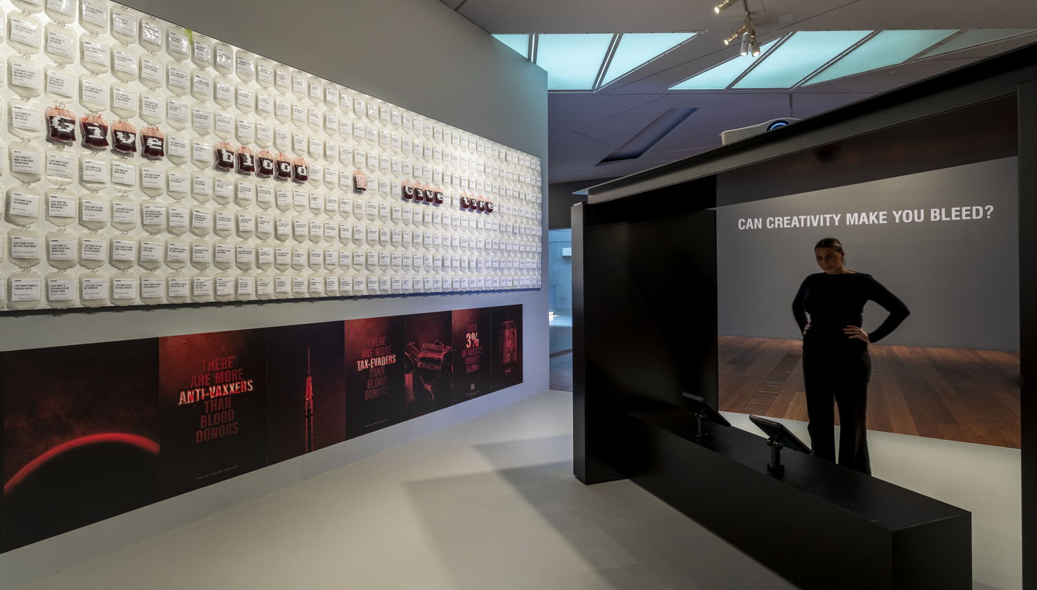 Installation view of Can creativity make you bleed? by Leo Burnett Australia, Melbourne on display in the Rigg Design Prize 2022 at The Ian Potter Centre: NGV Australia from 7 October 2022 – 29 January 2023. Photo: Tobias Titz