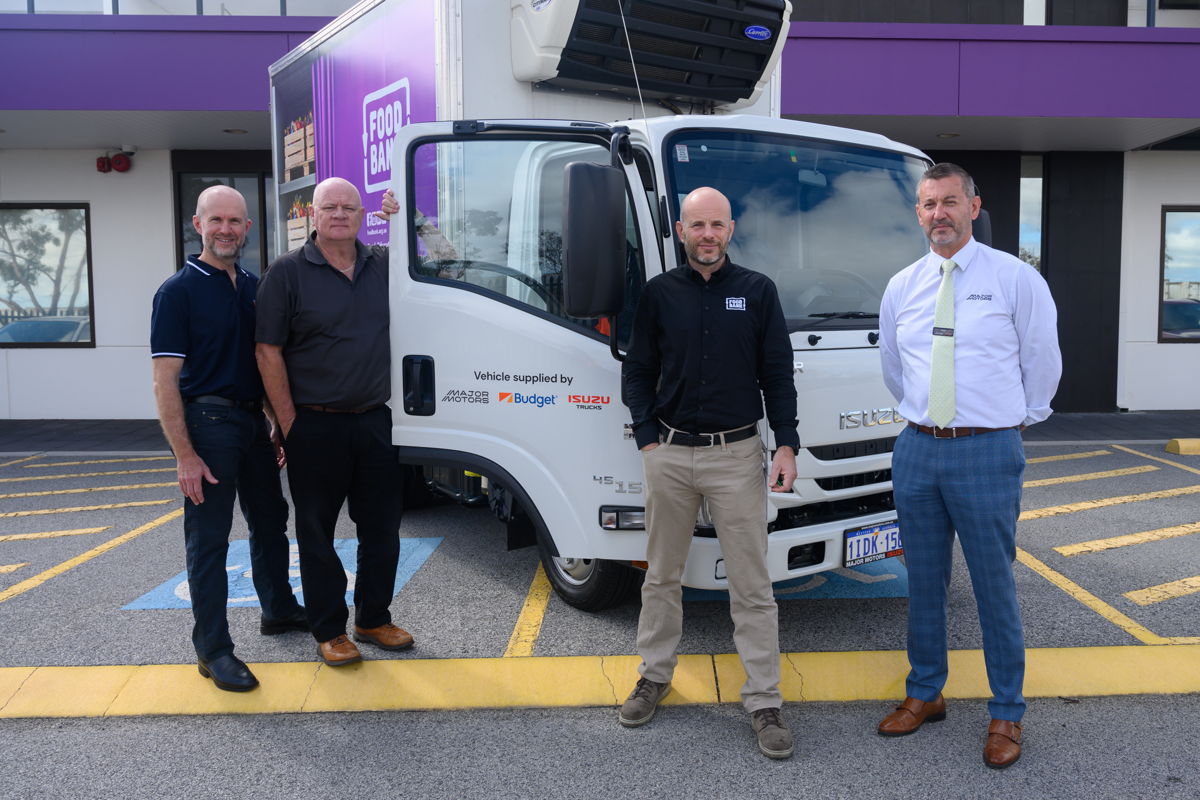 From left to right: Group Operations Manager of Busby Investments WA Brad Parker, Group General Manager & Director of Busby Investments WA John McShera, Senior Infrastructure & Logistics Manager of Foodbank WA Mike McLaren, Sales Manager at Major Motors Forrestfield Peter Dewar