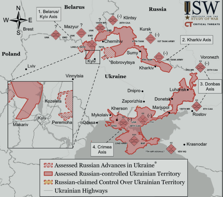 Figure 1 – Situation as at 2000Z 2 March 2022 – Credit: Institute for the Study of War
(https://www.understandingwar.org/backgrounder/russian-offensive-campaign-assessment-march-2)
