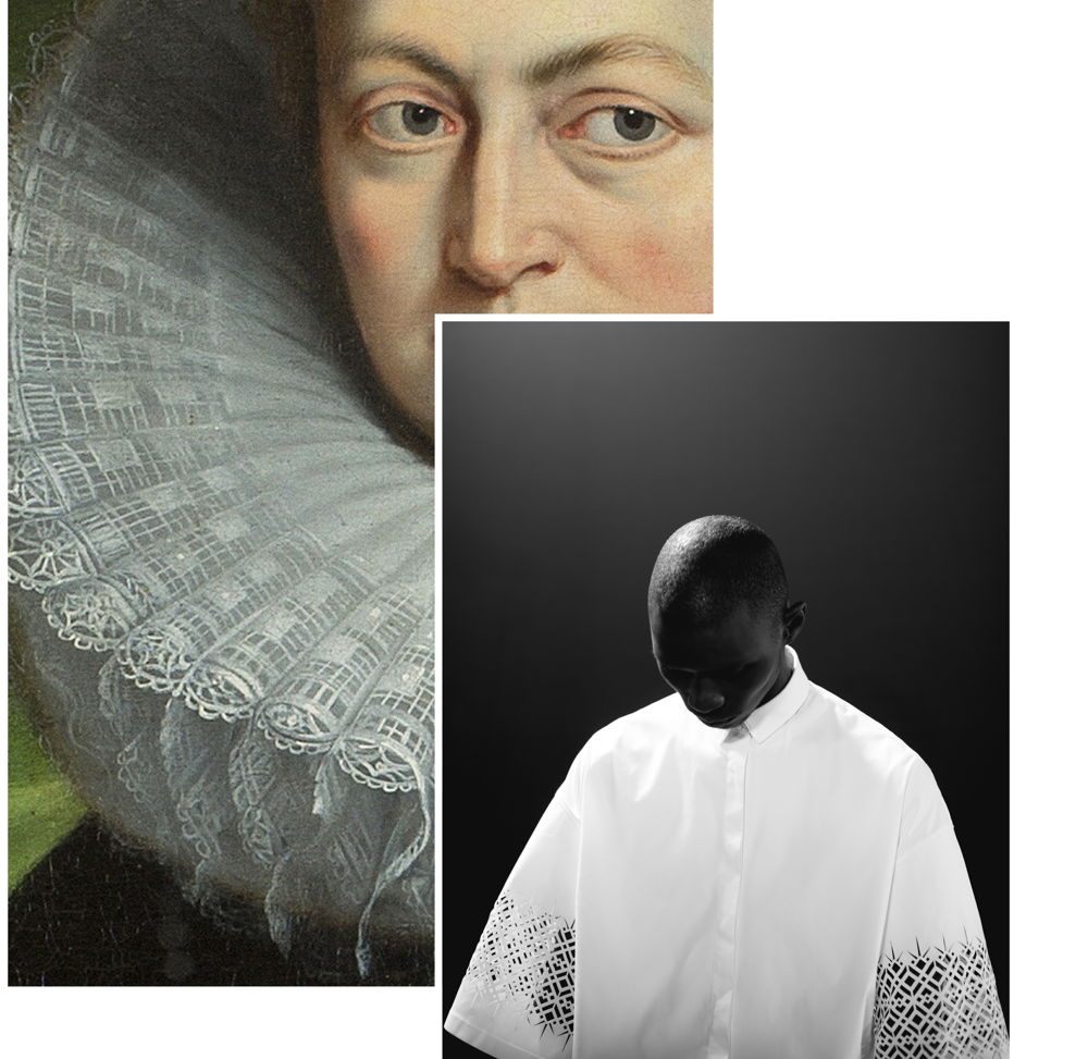 Left: Peter Paul Rubens, Aartshertogin Isabella van Oostenrijk (Archduchess Isabella of Austria) (detail), 1615, Frey-Näpflin Stiftung, Stans, on long-term loan to the Snijders&Rockox House, Antwerp, © Photo: Erwin Donvil Right: Haider Ackermann, shirt in cotton with laser-cut sleeves, Spring–Summer 2019, © Photo: Matteo Carcelli