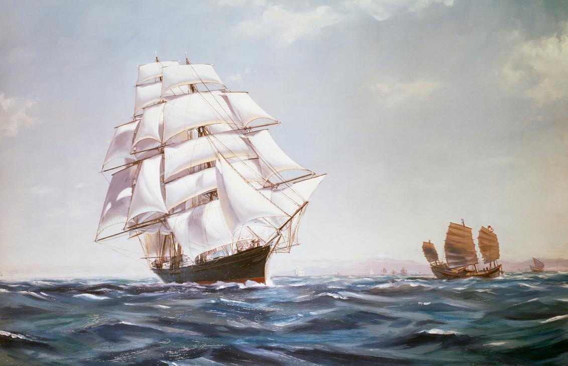 23 November 1869 - ​ The tea clipper Cutty Sark is launched In Dumbarton, Scotland, one of the last clippers ever built and the only one still surviving. During its years as a British merchant ship, Cutty Sark visited sixteen different countries and travelled the equivalent distance of two and a half voyages to the moon and back. The Cutty Sark was towed to a dry dock at Greenwich in December 1954, where it remains today. (AKG2175808 "The British clipper the Cutty Sark sailing off the coast of China", by Brazendale Cunnelly, 19th Century. © akg-images / De Agostini Picture Library)