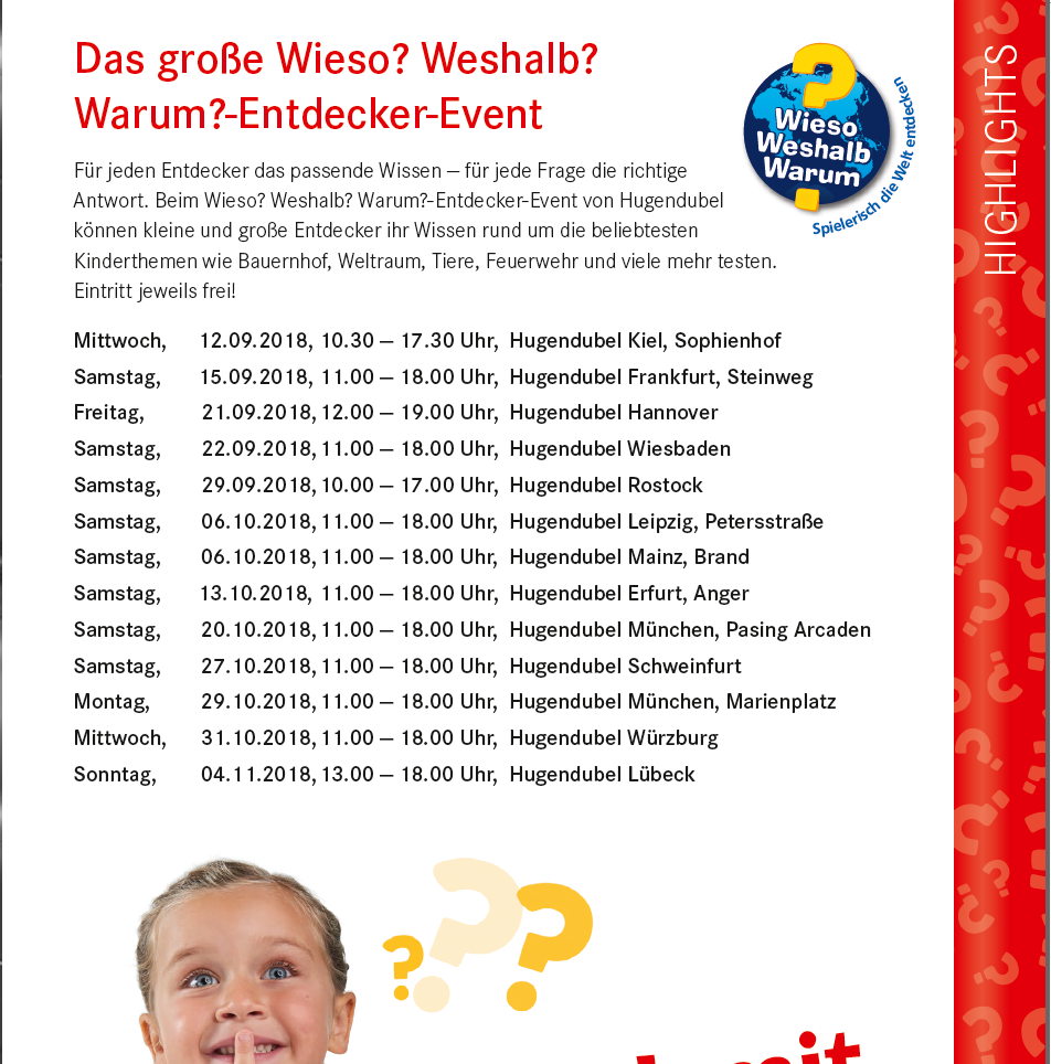 Das 20-jährige Jubiläum der erfolgreichsten deutsch-sprachigen Kinderbuchsachreihe Wieso? Weshalb? Warum? feiern Ravensburger und Hugendubel gemeinsam mit einer Deutschland-Tour durch ausgewählte Hugendubel-Filialen. Copyright: Ravensburger