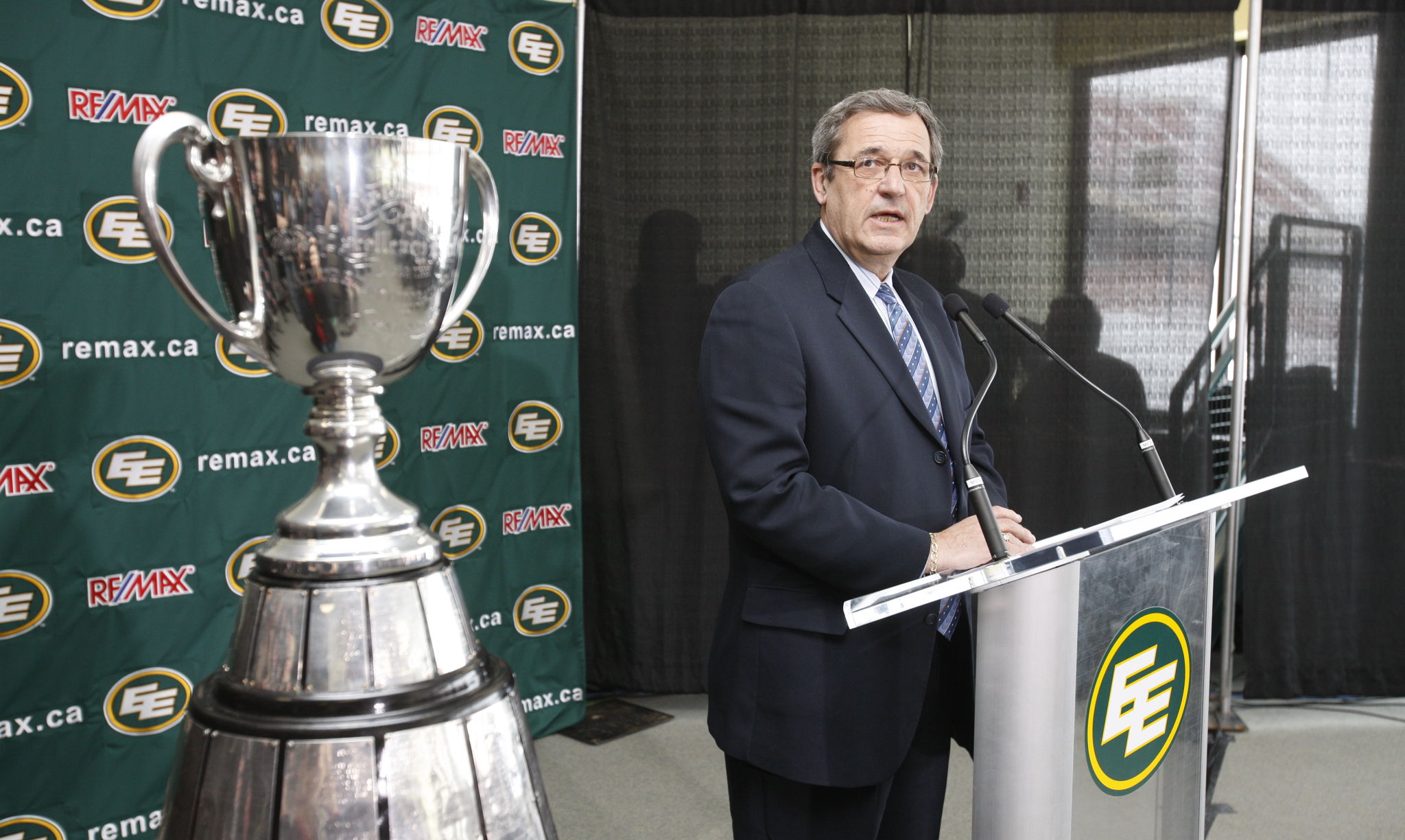 Rick LeLacheur announcing the 2010 Grey Cup Festival during his first tenure as President and CEO for the Green and Gold. LeLacheur oversaw both the 2002 and 2010 Grey Cup Festivals hosted in Edmonton.