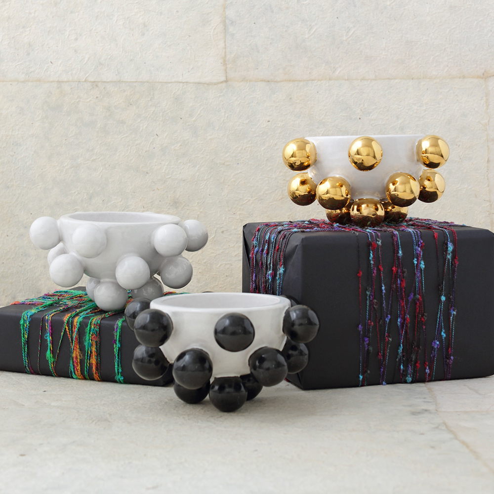 Mini Pop Bowl collection - White, Black and White, $595 and White and Gold, $795