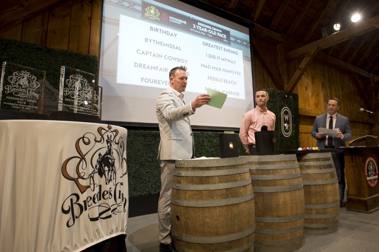 Tony O'Sullivan, Racing Secretary, and Jim Gillespie, Ass. Racing Secretary, conducted the draws for the Breeders Crown. (Michael Burns photo).