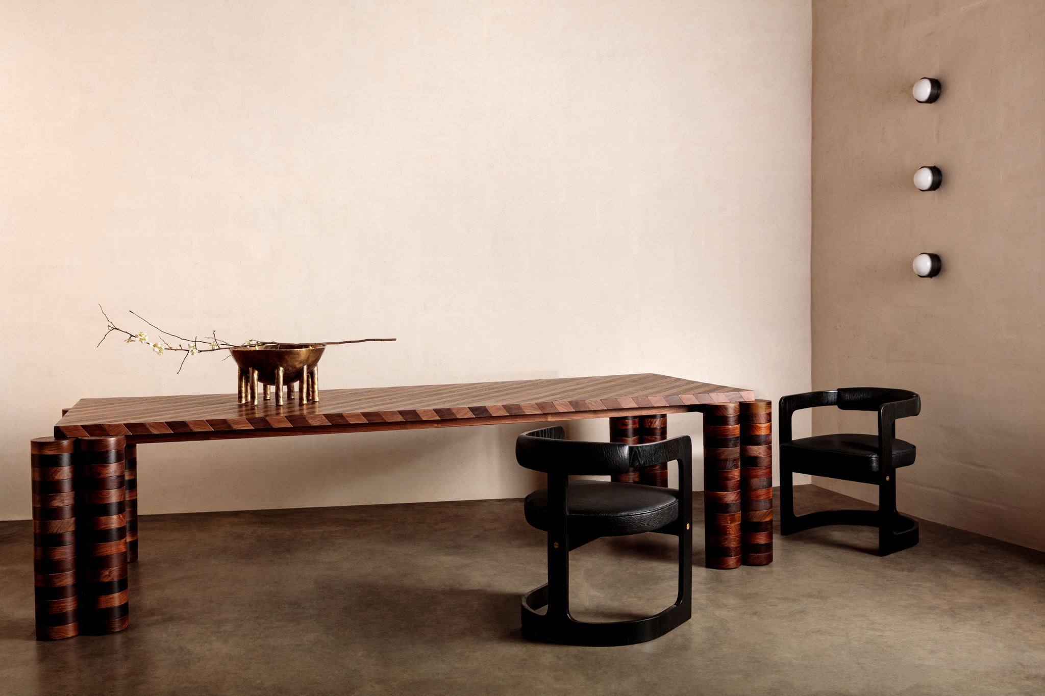 Oblique Dining Table, Heath Bowl, Stretto Sconce, Zuma Dining Chair, Precision Solitaire